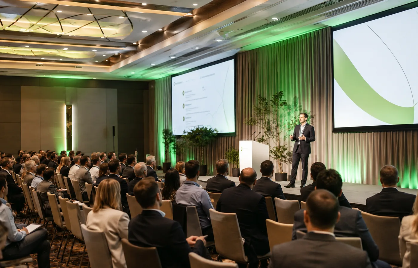 Conference audience and speaker in a professional venue